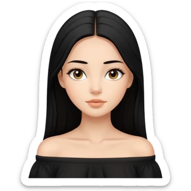 A realistic 3D avatar of a young woman with a soft oval face, slim cheeks, natural almond eyes, long straight black hair, minimal makeup, wearing a black off-shoulder top, elegant and aesthetic, tanned skintone. sticker