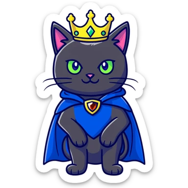 black cat with brilliant neon green eyes wearing a royal blue cape trimmed in gold and a crown with jewels sticker