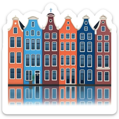 Cinematic Realistic Amsterdam Canal Houses Landmark Emoji, featuring narrow, gabled facades in vibrant colors reflecting on the calm canal waters. sticker