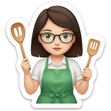 chubby brunette girl with glasses and green eyes with apron holding spatula  sticker