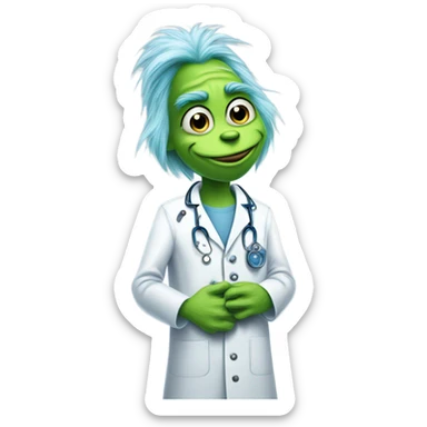 Blue grinch in a lab coat to give knee surgery  sticker
