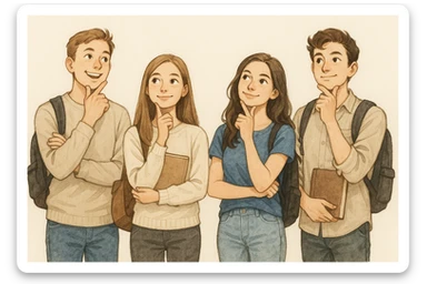 scene of four students thinking, posed casually, positive atmosphere, light background, light realistic illustration style sticker