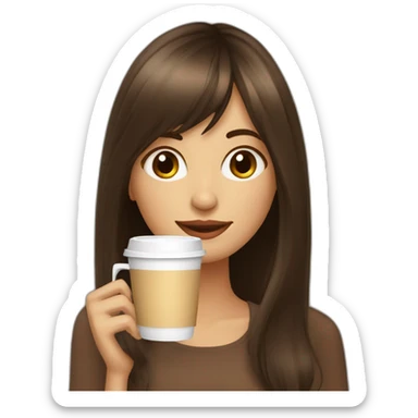 A girl with elongated bangs and long brown hair drinks coffee sticker