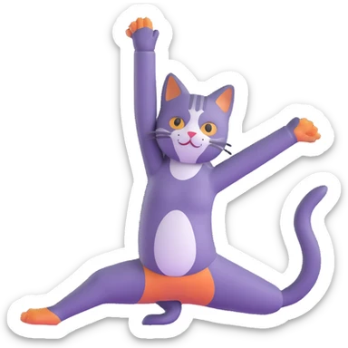 cat doing pigeon yoga pose with one leg bent in front and one leg stretched behind sticker