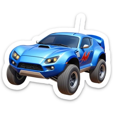 Satan’s (post race) ultra blue Dirty and dented Local Motors Rally Fighter off road race car hot rod flying turning a tight corner (silver wheels) sticker