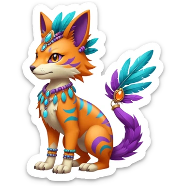 Kawaii cute orange purple turquoise exotic tribal beautiful pretty elegant divine edgy feline-vernid-sergal-Fakémon-Pokémon-Digimon-fursona-animal-creature with bracelet, necklace, full body, with intricate detailed markings, feather headdress  sticker