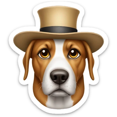 Serious dog with a hat sticker