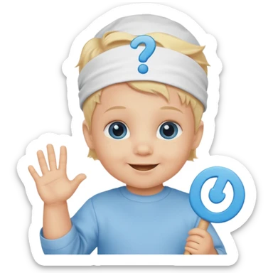 A baby Caucasian blond hair blue eyed infant with a genius sign over it’s head sticker