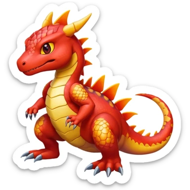 cute shiny colorful Guilmon-Salandit hybrid creature sitting, full body sticker