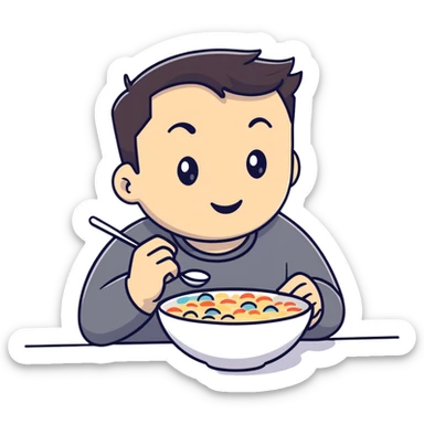 Elon Musk eating a bowl of cereal, tech entrepreneur with short dark hair enjoying breakfast sticker