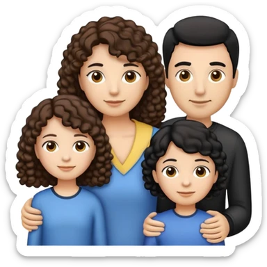 a family emoji consisting of 1 mom with medium length brown curly hair, 1 dad with one sided swept straight black hair. 1 eldest daughter with brown one sided straight hair, 1 middle child daughter with brown curly hair, youngest brother with taper fade haircut black hair.  sticker