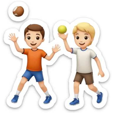 two children playing catch, one throwing and one catching a ball, happy and playful sticker