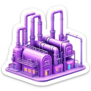 AI-powered factory. It should be a building with pipes. Add light violet neon glowing symbolizing power of AI sticker