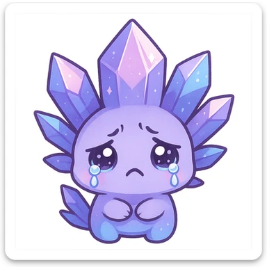 kawaii chibi style crystal sprite creature in purple, blue, and pink with a sad expression and teary eyes sticker