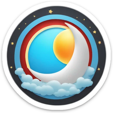 School logo, sun shape on the outside, inside red circle with 12 white stars that go around, inside light blue filling with text in black love wisdom and understanding, beneath half a moon sticker