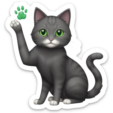 full body gorgeous solid dark grey cat with green eyes, white paws and white whiskers reaching for something sticker