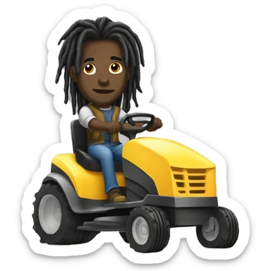 Black man with dreads riding lawn mover with hair in pony tail sticker
