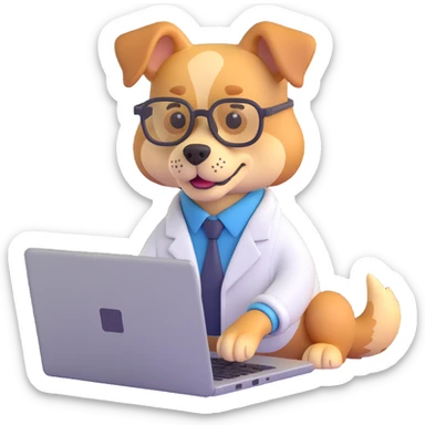 dog computer scientist wearing glasses typing on a laptop, 3D emoji style sticker