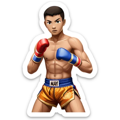 Muay Thai traditional – Cinematic Realistic Traditional Muay Thai Fighter, depicted in authentic Muay Thai attire with arm bands and shorts, poised in a dynamic fighting stance in a traditional Thai stadium, rendered with vivid textures and dramatic, high-contrast lighting that accentuates the art’s intensity. sticker