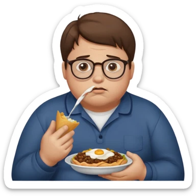 Fat sad guy with brown hair and glasses eating food sticker