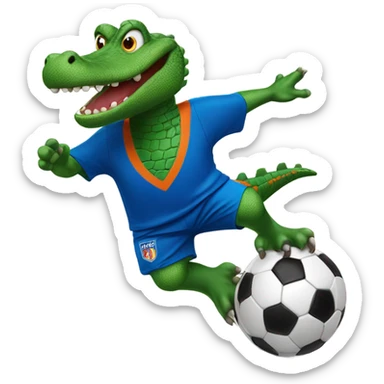 Green Gator with a soccer jersey in blue and Orange kicking a soccer ball sticker
