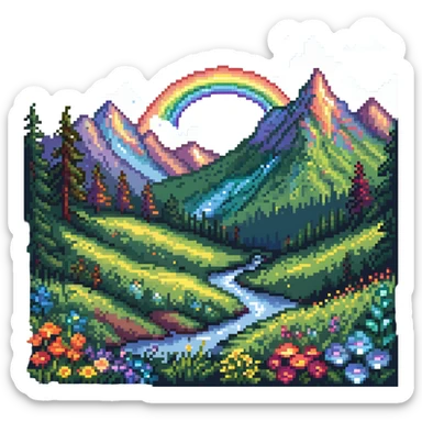 Enchanted meadow with rainbow and crystal mountains sticker
