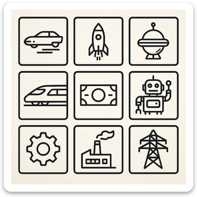 large resolution square minimal icons, space semiotic, black print on white background, square outline icons, sleek symbols, transportation, economy, engineering, industry. Designed for signage. futuristic dystopian futurepunk cyberunk sticker