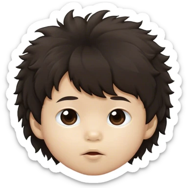 An asian 1 year old kid with brown and black hair fluffy over his eyes sticker