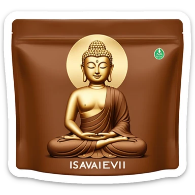 pouch of Iswari Éveil du Bouddha Maxi Protéines, matte brown, Iswari logo, product name, Buddha silhouette, Vegan Gluten-Free Organic icons, full pouch, minimal, no extra text, no faces, clean 3D style, soft shadows, transparent background, emoji scale sticker