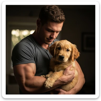 Photo of a musculated man holding puppy golden retriver, low key light sticker