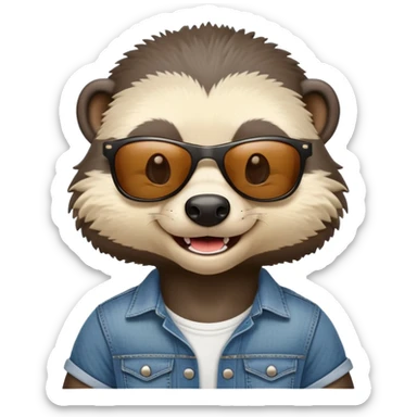 friendly anthropomorphised honey badger in jeans and a t-shirt, wearing sunglasses, head and shoulders view, smiling sticker