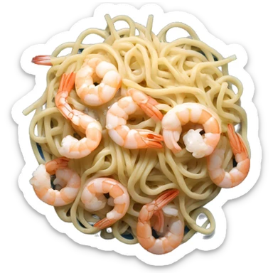 long thin pasta noodles on a blue plate with white sauce and shrimp, black background, top down view sticker