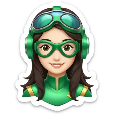 green Power Ranger, Asian girl with long, less wavy dark brown hair, side parting, smiling, wearing scuba goggles sticker