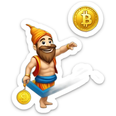 genie with a coin in his hand on the crypto coin graph arrow sticker