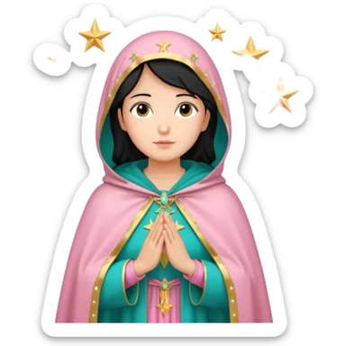 virgen maria catolica con vestido rosa palido. manto verde turquesa y pequeñas estrellas doradas, dispersas por el manto, muchas estrellas en su manto.con las manos juntas y de piel morena con pelo negro lacio sticker