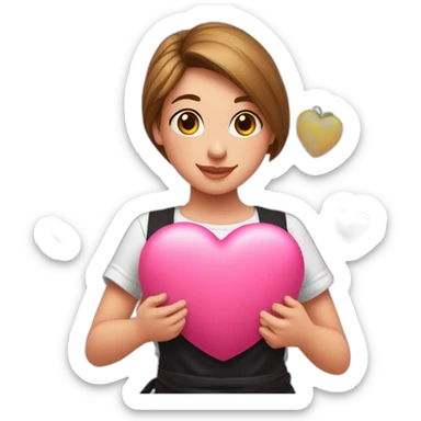 girl in a white T-shirt and a black apron holds a huge pink heart sticker
