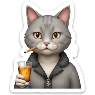 hazme a un gato fumando cigarro mientras toma alcohol y está depre sticker