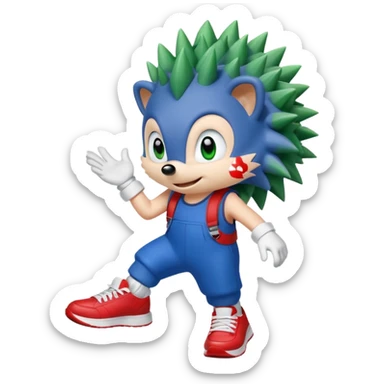 Blue anthropomorphic hedgehog, spiky hair, large green eyes, confident smile.Wearing red sneakers with white straps and white gloves. sticker