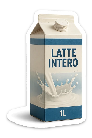 scatola di latte realistica CON LA SCRITTA "LATTE INTERO" IN ITALIANO, iperrealistico 4k sticker