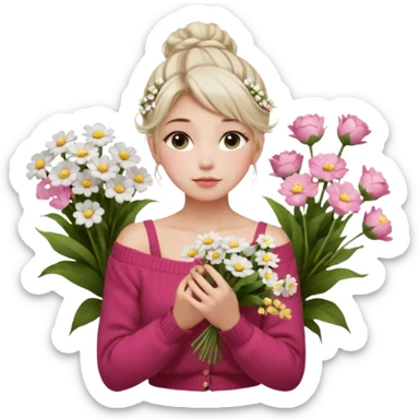 a girl  sitting  near various bouquets of flowers , white and pink flowers . She is holding a single white flower up to her face, Her hairstyle is slightly messy updo, with a few soft strands falling around her face, . She wears a red off-shoulder cardigan and a white long skirt. sticker
