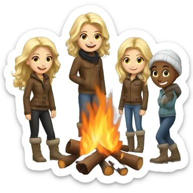 snowy campfire with friends blonde  sticker