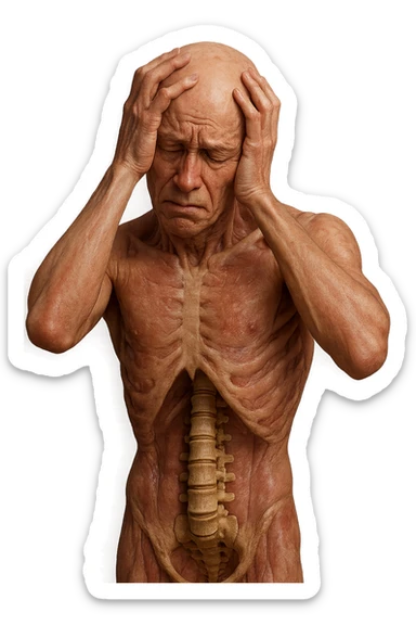 CORPO UMANO ANATOMICO con spina dorsale in evidenza, molto stanca e stressata mentre si tiene le mani sulla testa, IPERREALISTICO 4K sticker