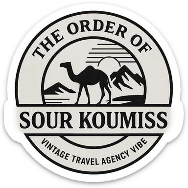 A black and white 90s-style logo for 'The Order of Sour Koumiss' with a vintage travel agency vibe, featuring a minimalist design sticker