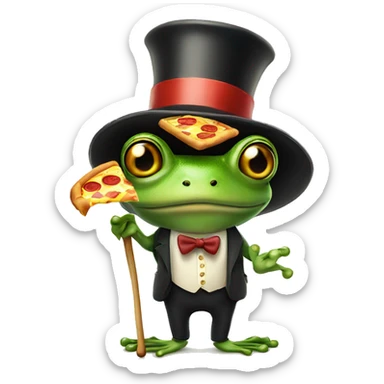 A frog wearing a top hat holding a cane eating pizza upside down sticker