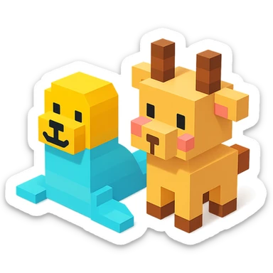 a seal and a goat sitting together, Roblox style, simple background sticker