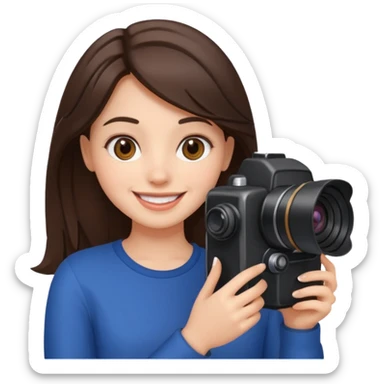 A brunette girl smiling, she’s a proud and successful filmmaker 🍿🌍✨ Holding a camera or behind / next to a camera, / holding awards  sticker