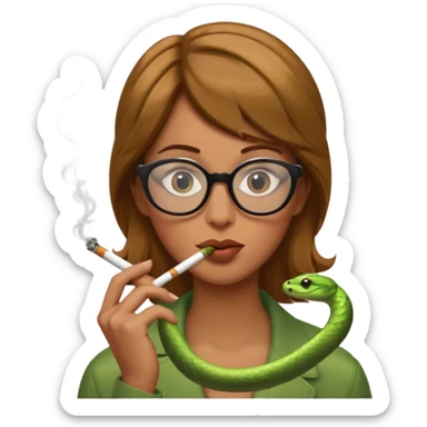 can you create a sneaky bitch SNAKE with big glasses smoking a cigarrette - with light brown hair, green snake, with hands on her chin as if she's innocent but with a bitchy look in her eyes and cigarrette in the mouth sticker