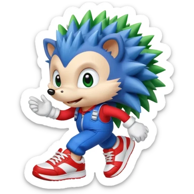 Blue anthropomorphic hedgehog, spiky hair, large green eyes, confident smile.Wearing red sneakers with white straps and white gloves. sticker