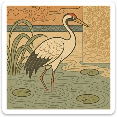 crane bird standing in a pond, ukiyo-e style illustration sticker