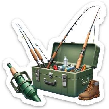 Icon for Fishing: a fishing tackle box, a spinning rods, fishing boots, and a boat by a water body with a beautiful nature backdrop. The icon should evoke the peaceful and adventurous spirit of fishing. Transparent background. sticker